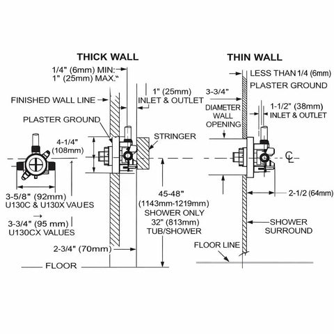 Diagram of Three Port Shower Mixing Valve With Crimp Ring PEX Connections For Pressure Balancing And Volume Control Pro Grade Home Bathroom Upgrade U130X M Core Valve installation on thick and thin walls.