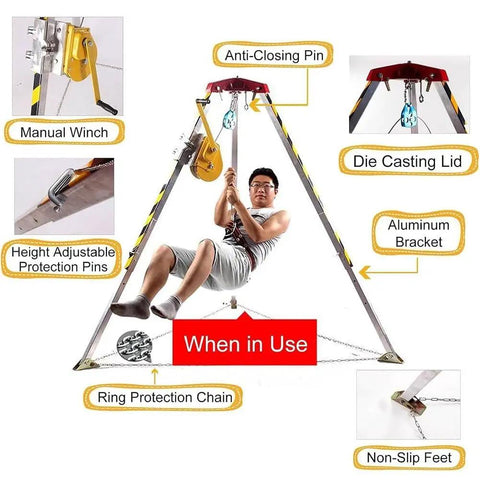 Heavy Duty Confined Space Tripod Rescue Kit With Fall Protection And Industrial Lifting System Built Tough to handle lifting personnel.
