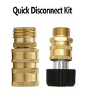 Front view of two brass pressure washer quick-disconnect adapters with knurled grips, one with black plastic nut