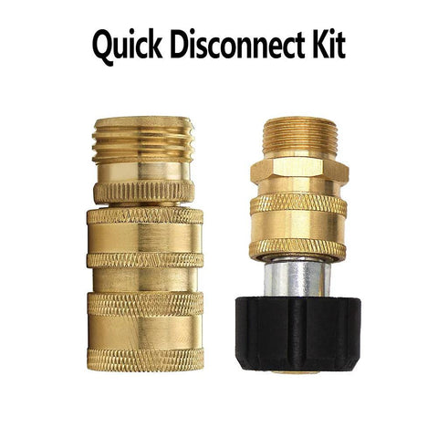 Front view of two brass pressure washer quick-disconnect adapters with knurled grips, one with black plastic nut