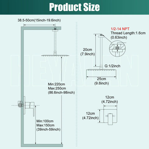 Diagram showing dimensions of Square Stainless Steel Shower Faucet Set With Rainfall System One Handle Trim Kit Ceiling Mount Ten Inch Matte Black With Rough In Valve