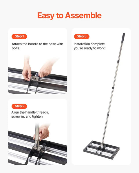 Assembly guide for Updated Lawn Leveling Rake With Roller 17 Inch By 10 Inch Stainless Steel Lawn Leveler with adjustable handle.
