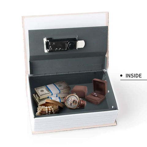 Inside view of Small Diversion Book Safe Storage Box with Hidden Compartment, showing cash, watch, jewelry, and lock.