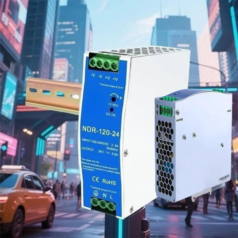 Rock Solid 24 Volt Dc Din Rail Power Supply 120 Watt Beefy Ac Dc Switching Module mounted on a cabinet in city background.