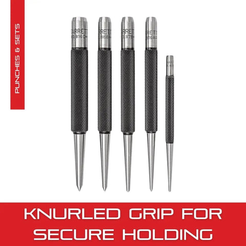 Prick Punch Set 4 Inch Hardened Steel 5 Pack With Knurled Grips And Plastic Case shown in varying sizes for precise marking.