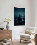 Moody Night Ocean Ghost Rowing Boat Poster Canvas Print With Gothic Minimalist Aesthetic Frame For Living Room 24x36 Inches
