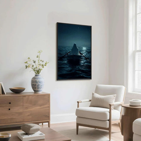 Moody Night Ocean Ghost Rowing Boat Poster Canvas Print With Gothic Minimalist Aesthetic Frame For Living Room 24x36 Inches