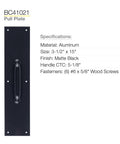 Commercial 15 Inch Stainless Steel Pull Door Plate In Matte Black Finish, installed view with specifications shown beside the image.