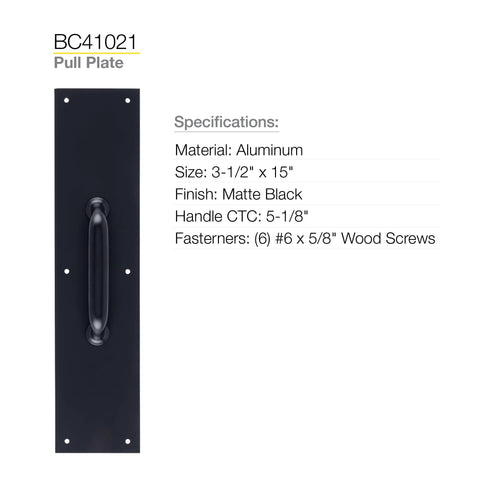 Commercial 15 Inch Stainless Steel Pull Door Plate In Matte Black Finish, installed view with specifications shown beside the image.