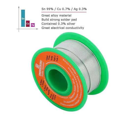 1.5mm Lead Free Rosin Flux Core Solder Wire 0.06 Inch Diameter 50g 1.76oz Sn99 Ag0.3 Cu0.7 spool with chemical composition chart