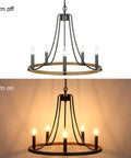 Five Light Farmhouse Chandelier With Vintage Candle Look Black Finish For Dining Room Living Room Kitchen And Bedroom 22.8 Inch Hanging Light Fixture With E12 Sockets lit and unlit