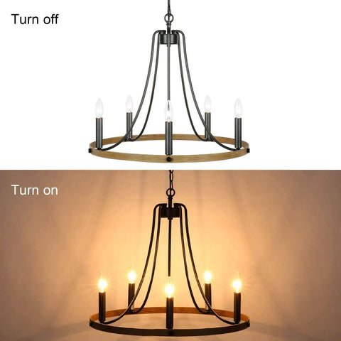 Five Light Farmhouse Chandelier With Vintage Candle Look Black Finish For Dining Room Living Room Kitchen And Bedroom 22.8 Inch Hanging Light Fixture With E12 Sockets lit and unlit
