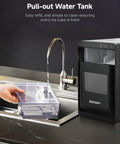 Nugget Ice Maker Countertop Delivers Chewy Pebble Ice On Demand 40 Lbs Per Day With 1.8L Tank next to sink with pull-out tank