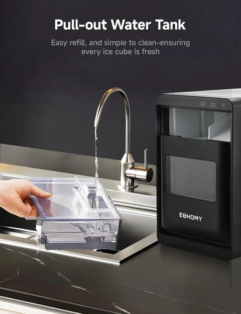 Nugget Ice Maker Countertop Delivers Chewy Pebble Ice On Demand 40 Lbs Per Day With 1.8L Tank next to sink with pull-out tank