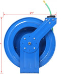 Side view of Retractable Welding Hose Reel With 1/4 Inch By 100 Foot Twin Oxygen And Acetylene Rubber Hoses, steel frame, single arm design