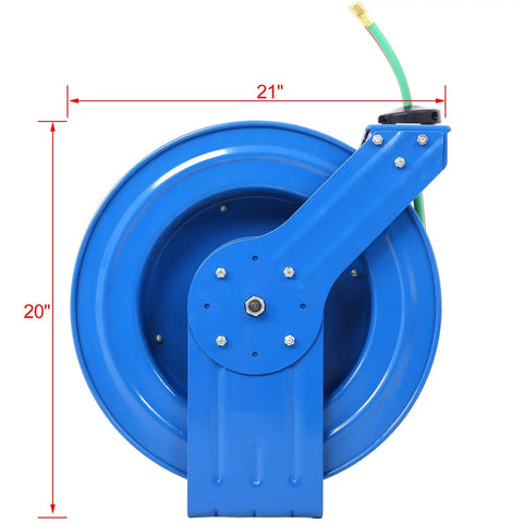 Side view of Retractable Welding Hose Reel With 1/4 Inch By 100 Foot Twin Oxygen And Acetylene Rubber Hoses, steel frame, single arm design