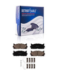 Front And Rear Disc Brake Kit With 11.65 Inch Front Rotors And 11.06 Inch Rear Rotors Plus Ceramic Brake Pads For 2007 2011 Toyota Camry, 2008 2012 Avalon, And 2007 2012 Lexus ES350, shown with box and components