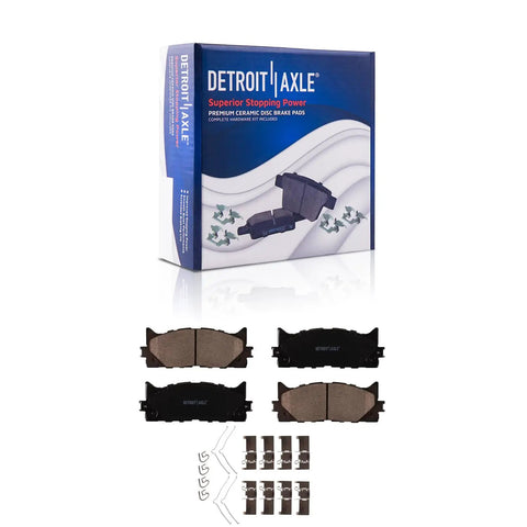 Front And Rear Disc Brake Kit With 11.65 Inch Front Rotors And 11.06 Inch Rear Rotors Plus Ceramic Brake Pads For 2007 2011 Toyota Camry, 2008 2012 Avalon, And 2007 2012 Lexus ES350, shown with box and components