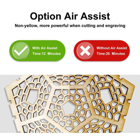 Laser engraving air assist kit for RAY5 10W/20W; adjustable airflow; wooden lattice sample
