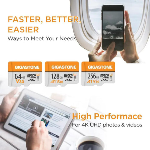 Person using tablet and smartphone with 64GB Micro SD Card 2 Pack V30 UHS I Class 10 MicroSDXC Memory Card for 4K Video Recording shown
