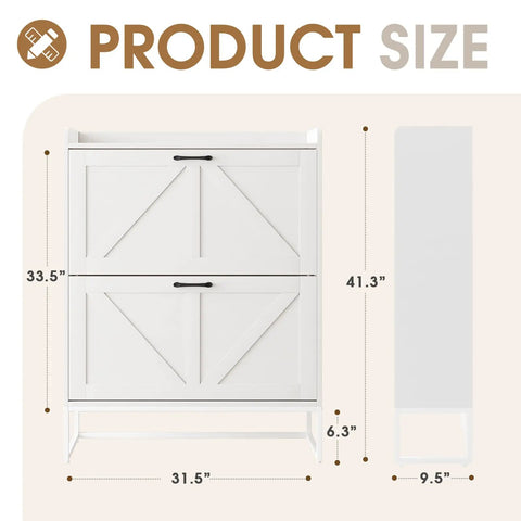 Dimensions of Space Saving Shoe Cabinet With Two Flip Drawers And Adjustable Shelf, Narrow White Shoe Organizer