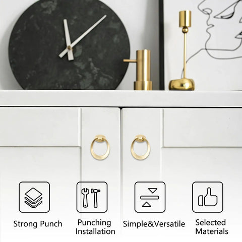 Sleek Round Pull Swing Ring Cabinet Handles 12 Pack made from solid zinc alloy with brushed gold finish on white cabinet