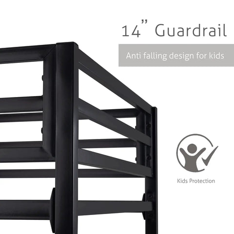 14-inch guardrail detail for Twin Over Twin Bunk Bed With Secure Side Rails And Quick Rise Ladder Heavy Duty Steel Rig Built Tough 400 Lb Weight Capacity Room Saving Sleep Stack In Fresh Black Finish.