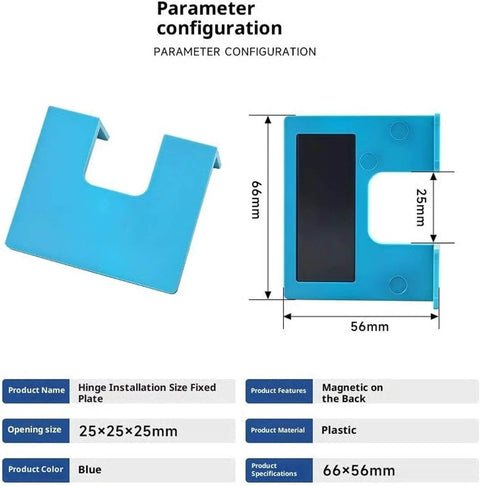 Magnetic Hinge Jig Kit For Quick No Drill Needed Door Install And Drawer Woodworking Accurate Hinges Cutting Guide, dimensions 66x56mm, blue plastic with magnetic back.