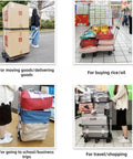 Adjustable Aluminum Folding Dolly With Six Wheels Heavy Duty Portable Hand Truck For Moving Boxes Groceries Luggage And More Includes Elastic Straps For Easy Transport And Rock Solid Stability used with boxes, groceries, and luggage