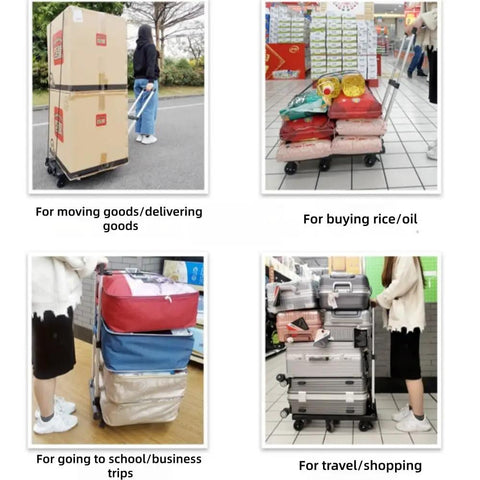 Adjustable Aluminum Folding Dolly With Six Wheels Heavy Duty Portable Hand Truck For Moving Boxes Groceries Luggage And More Includes Elastic Straps For Easy Transport And Rock Solid Stability used with boxes, groceries, and luggage