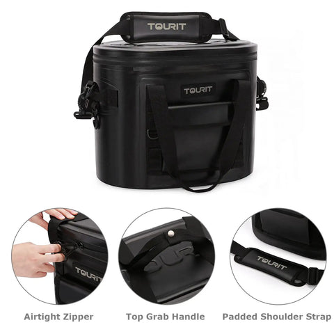 Heavy Duty Soft Sided Cooler Bag In Sleek Black With Thick Thermal Wrap To Keep Your Stash Bone Cold And Fully Leak Proof Carry All Fits Thirty Cans Smooth; features air-tight zipper and padded shoulder strap.