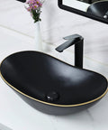 Large Matte Black Oval Vessel Sink With Gold Trim And Pop Up Drain For Above Counter Bathroom Use, Ceramic Vessel Sink In Black