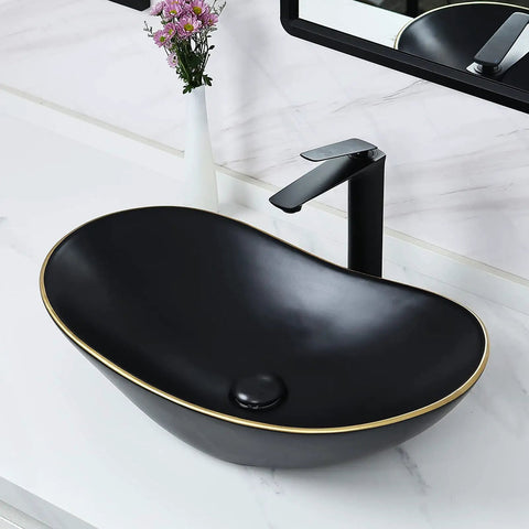Large Matte Black Oval Vessel Sink With Gold Trim And Pop Up Drain For Above Counter Bathroom Use, Ceramic Vessel Sink In Black