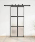 Front view of Two Sets Of 18 Inch By 84 Inch Three Paneled Frosted Glass Double Barn Doors With Carbon Steel Frame And Hardware Kit Soft Close Included Easy To Install
