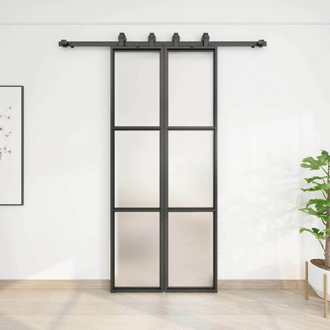 Front view of Two Sets Of 18 Inch By 84 Inch Three Paneled Frosted Glass Double Barn Doors With Carbon Steel Frame And Hardware Kit Soft Close Included Easy To Install
