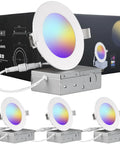 Smart Recessed Lighting 4 Pack Ultra Thin 4 Inch RGB LED Downlights 9W 900 Lumen Color Changing Can Lights That Play Nice With Alexa And Google Assistant Voice Control And Tuya App in packaging with four lights displayed