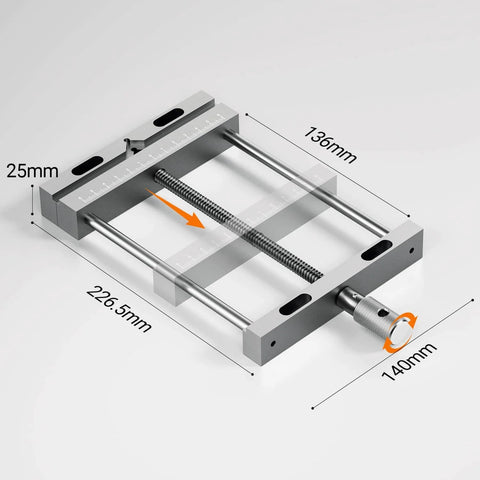 Aluminum Bench Vise Clamp For CNC Router Machines, High Precision Clamp shown with measurements for woodworking projects.