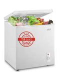 Compact 7.0 Cubic Foot Chest Freezer With Top Lid And White Finish Manual Defrost full of frozen food items and vegetables.