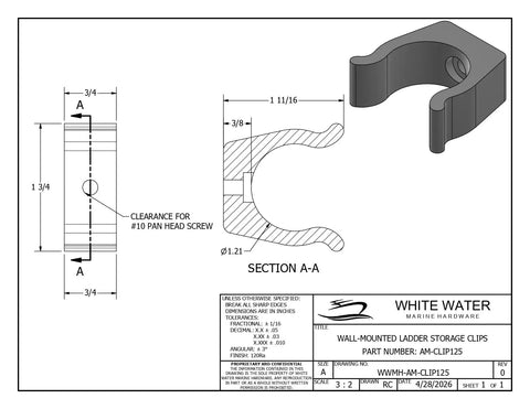 Technical drawing of heavy duty nylon injection molded ladder and pole clips for boats and RVs, pack of 2.