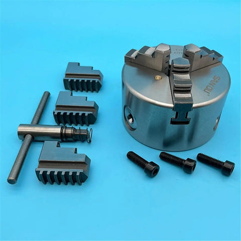 Solid K11-100 Mini 100MM Lathe Chuck With Three Self Centering Jaws For Metalworking Projects Heavy Duty Manual Tool Precise Machining with accessories.