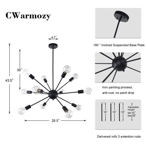 Matte Black Sputnik Chandelier With 12 Lights Adjustable Modern Ceiling Fixture dimensions and features illustration