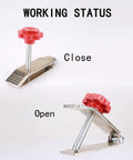 Premium Six Piece Tile Leveling Kit With Heavy Duty Adjustable Lifters For Walls And Floors shows clamp in close and open positions.