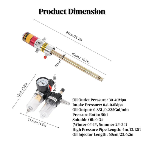 Air Operated Grease Pump 50 To 1 Ratio Pneumatic Gun with dimensions for workshop use