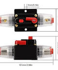 Inline 150A Fuse Holder Circuit Breaker for Car Audio and Amp Setups, showing dimensions and manual reset switch