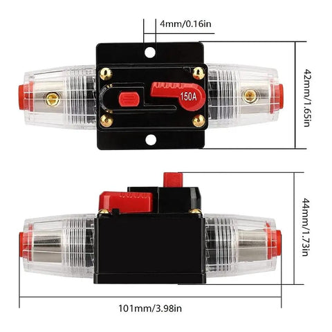 Inline 150A Fuse Holder Circuit Breaker for Car Audio and Amp Setups, showing dimensions and manual reset switch