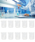 Ten Pack 50ml Clear Borosilicate Glass Beakers With Measurement Lines Thick Lab Glassware For Science Class Chemistry Experiments Home Kitchen Party Or Classroom Use displayed in lab setting