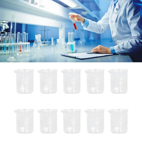 Ten Pack 50ml Clear Borosilicate Glass Beakers With Measurement Lines Thick Lab Glassware For Science Class Chemistry Experiments Home Kitchen Party Or Classroom Use displayed in lab setting