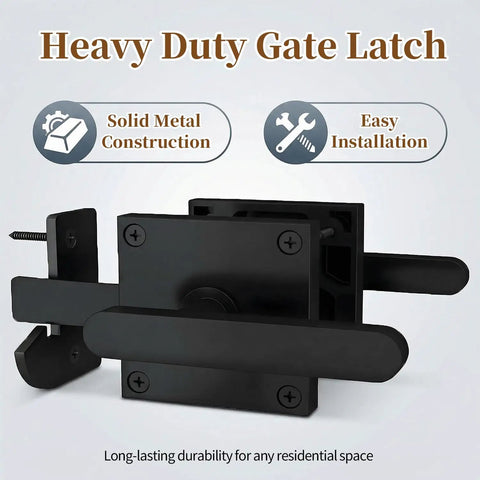 Heavy Duty Double Sided Gate Latch With Handles, solid black aluminum for easy installation on wood gates, rust proof.
