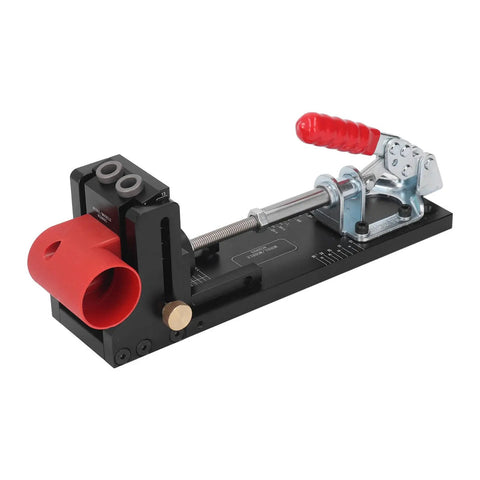 Top Shelf Heavy Duty Aluminum Pocket Hole Jig Kit With Rock Solid Frame For Precision Woodworking Drilling and Slick DIY Furniture Assembly In Any Home Workshop Or Garage Crew Setup, close-up view.