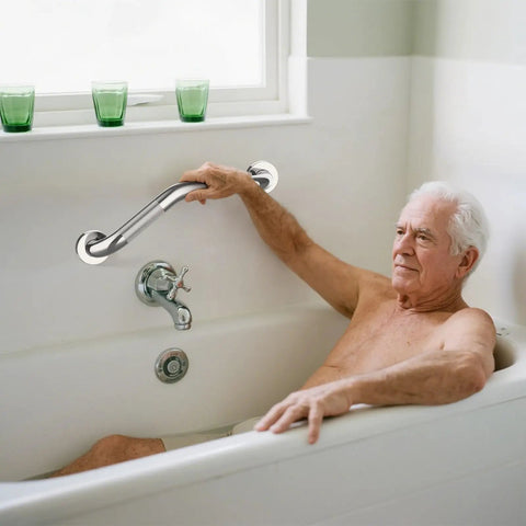 Tough As Nails Heavy Duty 16 Inch Angled Shower Grab Bars 2 Pack installed in a bathtub for safety and support.